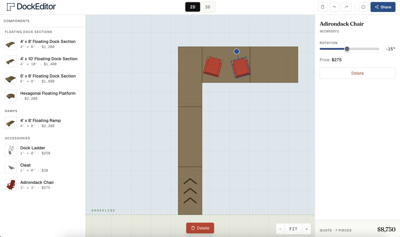 DockEditor 2D planning view with drag-and-drop dock components